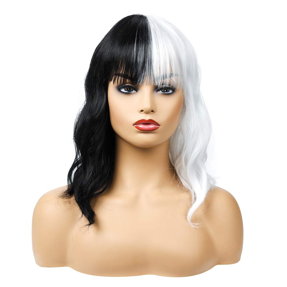 Amazon Com Short Bob Wavy Curly Wig Half Black And White Cosplay