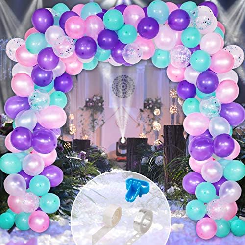 Mermaid Balloon Arch & Garland Kit, Purple, Pink, Aqua, White and Mermaid Confetti Balloons Set with 16ft Balloon Strip Tape, 1pcs Tying Tool and 100 Dot Glue for Wedding Birthday Party Decor