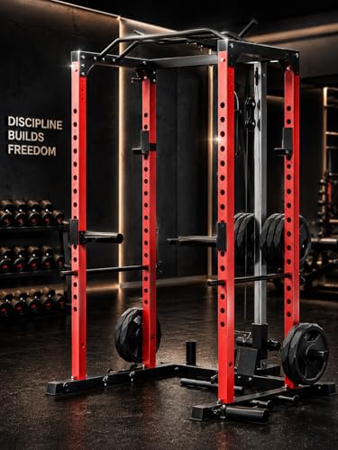 All in One Power Cage Squat Rack with LAT Pulldown & Cable Pulley System, 1200LBS Home Gym Power Rack with Dip Bars, Pull Up Bar, Weight Rack for Bench Press & Strength Training