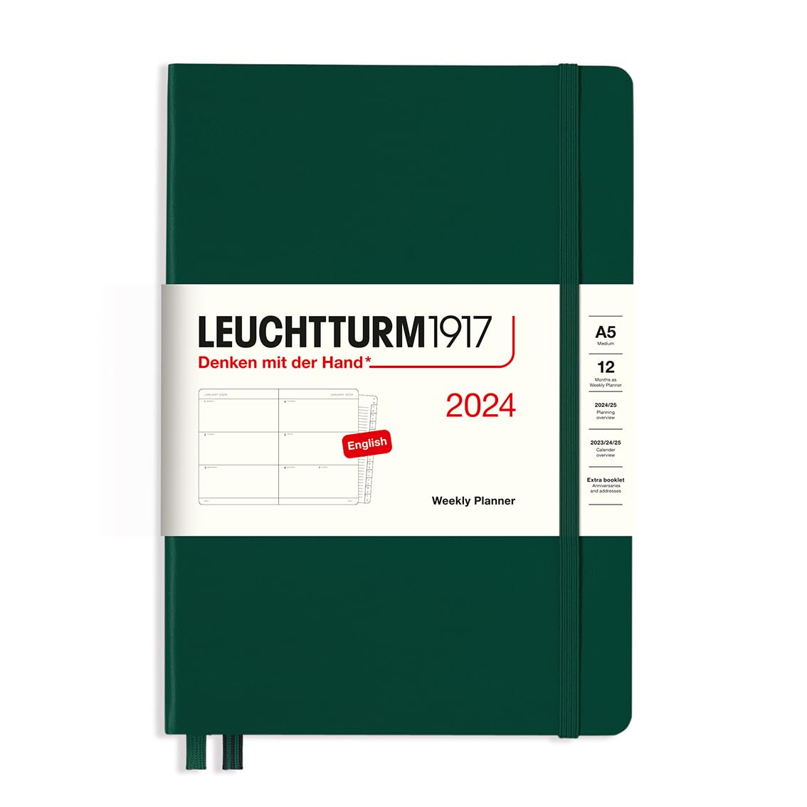 LEUCHTTURM1917 367608 Weekly Planner Medium (A5) 2024, 12 Months, Forest Green, English