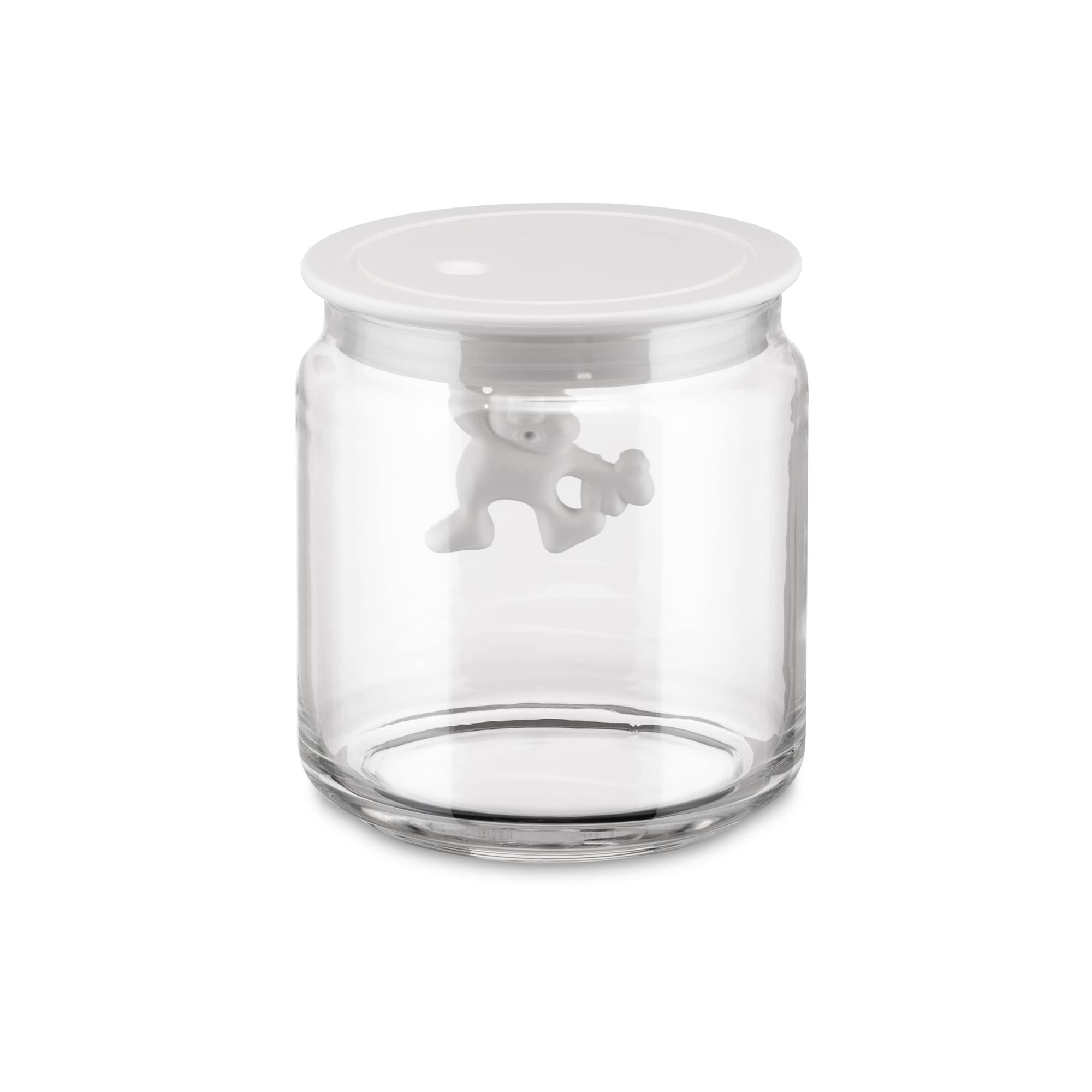 Alessi A Di AMDR04 W Glass Gianni Jar A Little Man Holding On Tight Small Kitchen Box with Hermetic Lid in Thermoplastic Resin, White, 70 cl