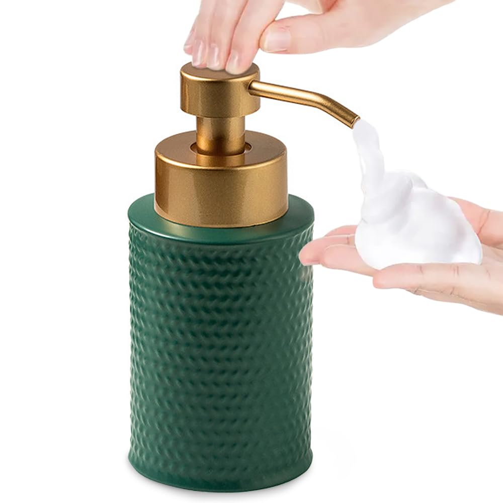 Foam Soap Dispenser with Refined and Vintage Emboss, Ceramic Hand Soap Dispenser for Bathroom (Dark Green)