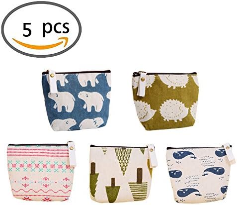 KWJOY Set of 5 Animal Canvas Change Coin Purse Wallet Bag Gift,Small Cute Coin Purse for women,girls,Whale, Polar Bear, Hedgehog and Tree