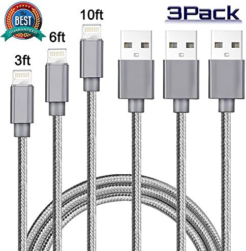 Lightning Cable Nylon Braided Sync and Fast Charging Cable 3 packs[3 6 10ft] for Apple iPhone X/8/7/7 Plus/6s plus/6s/6/6 plus, iPad/iPod