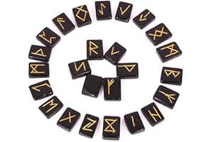 Crocon Black Obsidian Rune Stones Set Rectangle Shape Engraved with Elder futhark Crystal Runes Set, Reiki Healing runas for Chakra Balancing Stone for Beginners Guide & Pouch 25 mm