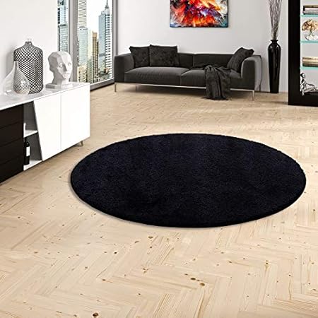 Palace Hochflor Shaggy Teppich Schwarz Rund in 7 Größen