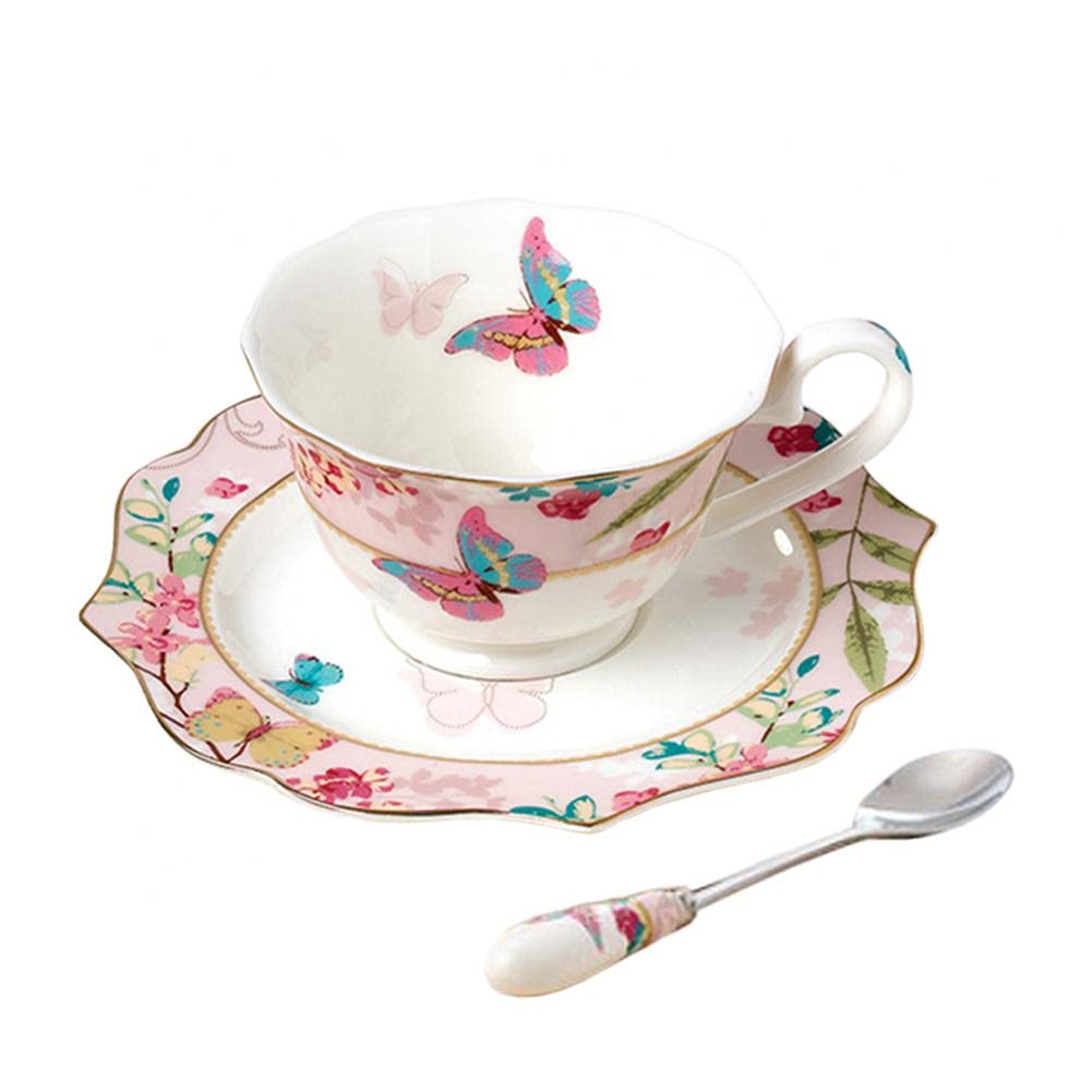 Bone China Coffee Cup and Saucer Set with Spoon, Butterfly Porcelain Tea Cup Ceremic Mugs Coffee Mug Set (A)