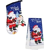 Christmas Oven Mitt and Towel Set 2-Pack Holiday Kitchen Decor with Santa Design Festive Oven Glove & Dish Towel Set for Baking, Cooking & Gifting