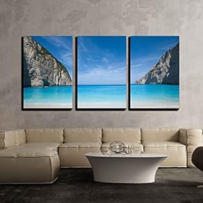 3 Piece Canvas Wall Art - Beautiful Beach in The Smuggler S Bay, Zakynthos - Modern Home Art Stretched and Framed Ready to Hang - 16"x24"x3 Panels