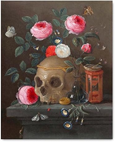 Vanitas Print - Antique Skull Portrait, Gothic Rose Print - Unframed