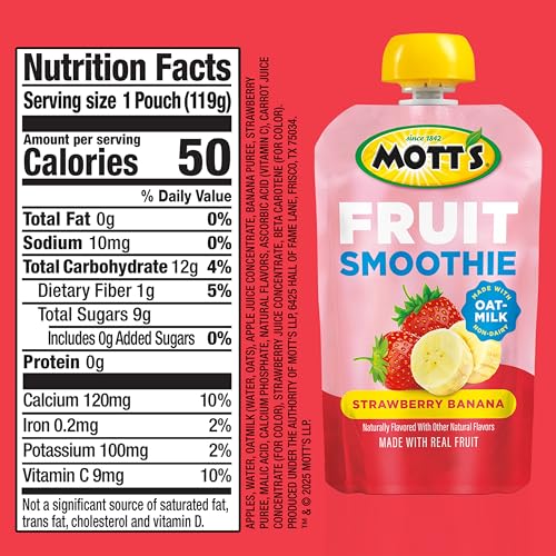 MOTT’S FRUIT SMOOTHIES STRAWBERRY BANANA, 4.2 OZ CLEAR POUCHES, 8 PACK, NON-DAIRY, MADE WITH OATMILK, MADE WITH REAL FRUIT, GOOD SOURCE OF CALCIUM, ON-THE-GO