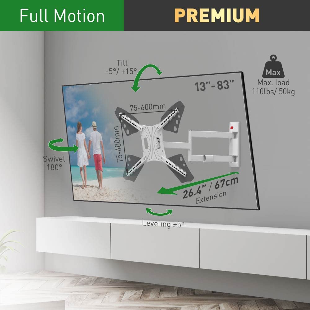 Barkan Long White TV Wall Mount, 13 - 80 inch Full Motion Articulating - 4 Movement Flat / Curved Screen Bracket, Holds up to 110lbs