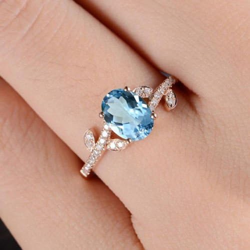 Phonphisai shop Fashion Women 14K Solid Rose Gold Aquamarine Ring Wedding Party Women's Jewelry (6)