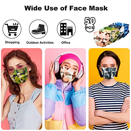 Camo Face Mask, Disposable Face Mask Breathable for Adult Men Women, 3ply Printed Mask Individually Wrapped 50 Pack