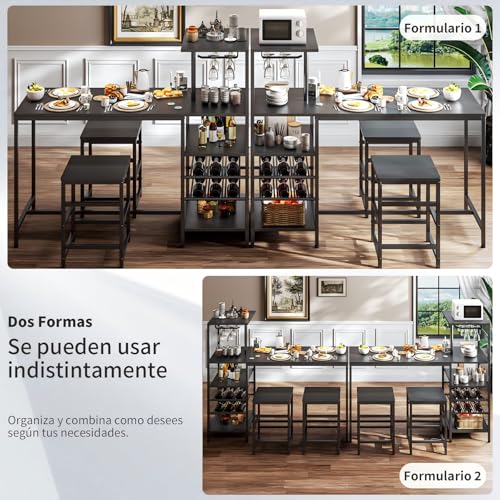 SIMPLE ESPACIO Barra de Cocina,Desayunador Tiene Seis Capas de Espacio de Almacenamiento,Mesa de Bar,Comedor Viene con Dos Sillas,con Estante para Copas Vino,Adecuado para Cocina y Bar(Negro)