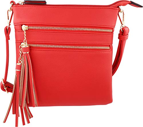 Vegan Mini Multi-Zipper Crossbody Handbag Purse with Tassel Accents with RFID Protection (Poppy Red RF)
