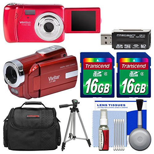 Vivitar ViviCam VXX14 Selfie Digital Camera & DVR-508 HD Camcorder (Red) with (2) 16GB Cards + Case + Tripod + Kit