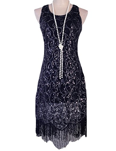 KAYAMIYA Women's 1920s Sequin Paisley Pattern Fringe Gatsby Flapper Dress L Pure Black