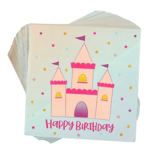 100-Pack Beverage Napkins - Happy Birthday Disposable Paper Party Napkins, Princess Castle Birthday Design - 5 x 5 Inches Folded