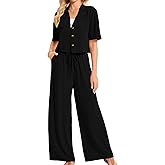 HMICQU Women's Linen 2 Piece Sets Summer Business Casual Outfits Short Sleeve Shirt and Wide Leg Pants Suits Matching Sets