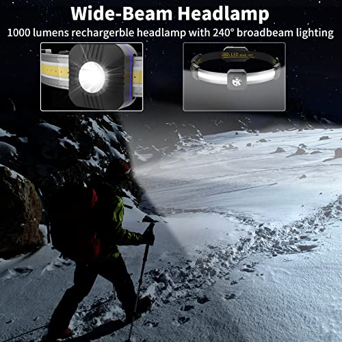 LED Headlamp Flashlight, USB Rechargeable Headlamp with COB Flashlight and Tail Red Light, Wide Beam Waterproof Headlamp, 7 Modes Adjustable Head Lamp for Running Hunting Fishing Camping