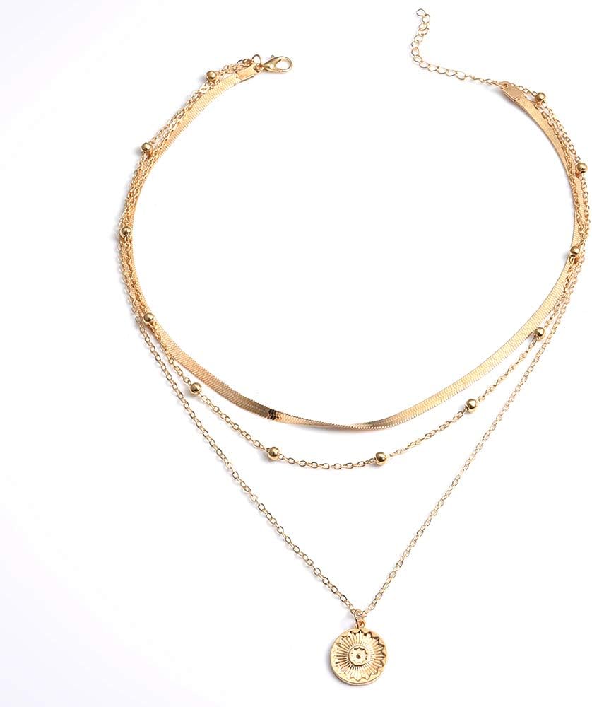 Ceqiny Multi-Layer Choker Necklace Bead Round Coin Necklace Pendant Adjustable Chain Necklace Long Chain Tassels 3-Layer Charm Pendant Choker Friendship Necklace Gift for Women Girls, Gold : Sports & Outdoors