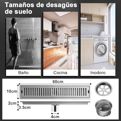 Drenaje de Piso Rectangular 10 * 60CM Coladera de Desagüe Baño Acero Inoxidable Coladera Regadera Lineal Rejilla de Desagüe para Cocina Anti-Obstrucción Drenaje de Ducha Suelo Filtro Agua Anti-Olor