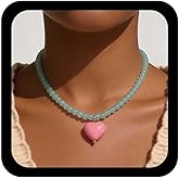 Allereyae Boho Puffed Heart Pendant Necklace Blue Bead Chain Necklace Pink Resin Heart Necklace Glass Bead Choker Necklace Gemstone Beads Necklace Jewelry for Women