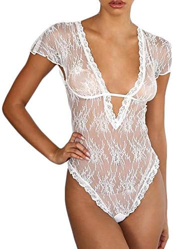 Womens Open Crotch Teddy Lingerie Deep V Neck Lace Babydoll Bodysuit