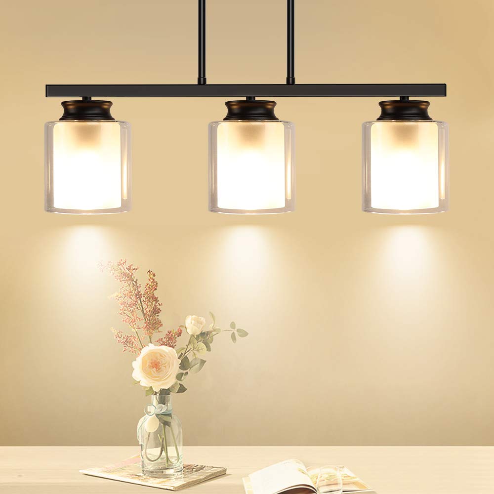 DLLT 3-Light Pendant Light Fixture, Metal Kitchen Island Lighting with Glass Shade, Industrial Farmhouse Flush Mount Ceiling Hanging Light for Dining Room, Foyer, Restaurant, Bar, E26 Base