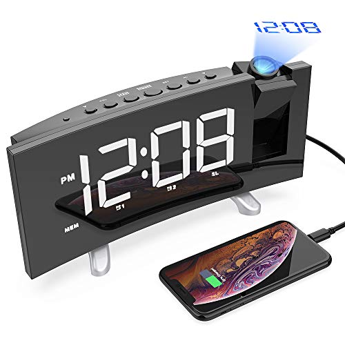 CSHID-US Projection Alarm Clock, 7'' Dimmable LED Curved Screen Digital Clock, FM Radio Alarm Clock, Adjustable Ceiling Sleep Timer for Kids Bedroom, Dual Alarms, 12/24 Hour, Snooze Function