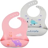 Vicloon 2 x Silicone Baby Bibs Soft Feeding Bibs with Crumb Catcher Pink Green