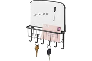 mDesign Metal Wall Mount Entryway Storage Organizer Mail Basket with Dry Erase Board, 6 Hooks - Holder for Letters, Magazines, Keys, Coats, Leashes - Strong Steel Wire Design - Matte Black