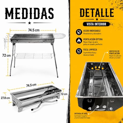 Asador Portatil Plegable para Carbon, Parrilla de Acero Inoxidable, Asador con Asa Facil de Limpiar y Transportar | ECOMLAB