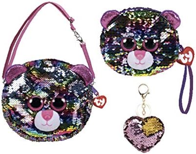 ReBL LLC Bundle of TY Fashionable Gear Color Changing Glitzy Glam Sequins Plush Purse and Matching Wristlet with One Heart Or Star Sequin Keychain (Dotty)