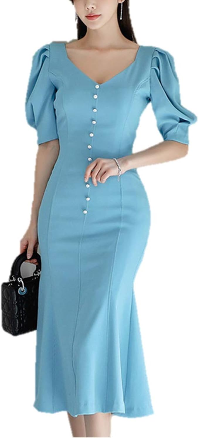 Amazon ワンピース 無地 パフスリーブ パーティードレス 上品 ミディアムドレス ミモレ丈 結婚式 エレガント K ワンピース チュニック 通販