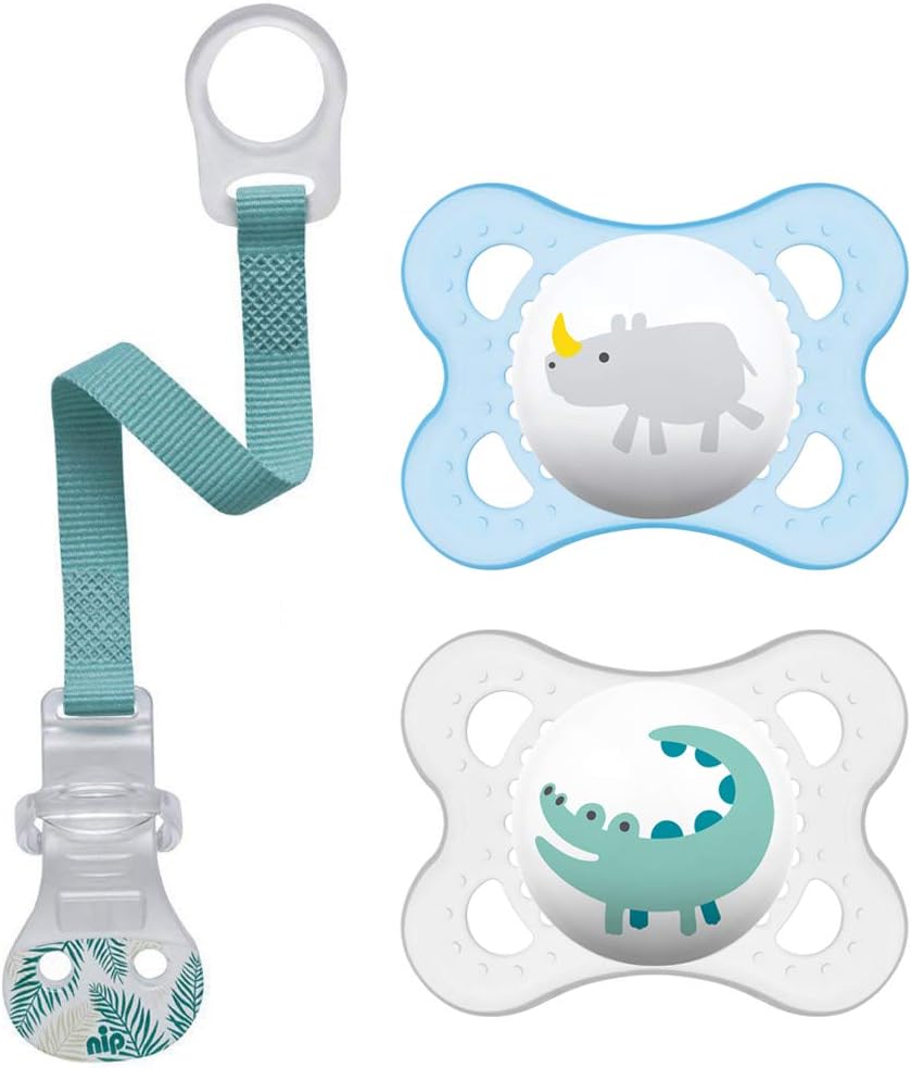 MAM Silicone Original Dummy 0-6 Months Boy - Set of 2 - Includes Sterilising transport box and NIP dummy strap