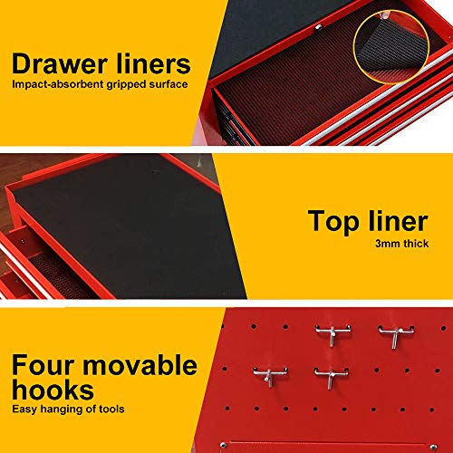 Big Removable Tool Chest, Rolling Tool Chests with Wheels (2PCS Lockable) and Drawers, Top Tray and Bottom Cabinet Door with Keyed Locking System, for Garage, Warehouse, and Workshop, etc(Red) - Thumbnail 2