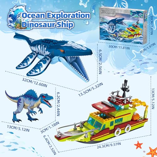 Dinosaur Explorers Ocean Building Set 3 in 1 Compatible with Dinosaur Park World, Boat & Dinosaurs Mosasaurus Spinosaurus with Articulated Joints, Toy Children 6-12 Years Old