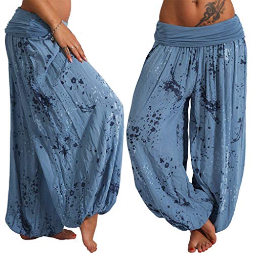 Respctful✿Women's Comfy Stretch Floral Print Drawstring Palazzo Wide Leg Lounge Pants Casual Loose Elastic Waist Harem Pants Blue