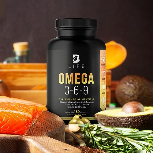 B Life Omega 3-6-9 con 180 Cápsulas | Concentración de EPA y DHA | 1000 mg con Aceite de Pescado, Linaza y Cártamo | Mezcla Completa de Ácidos Grasos Esenciales.