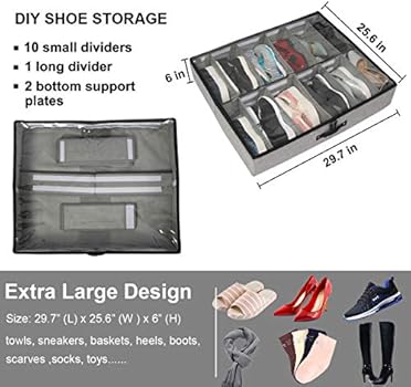 Wsryx Diy Under Bed Shoe Organizer 12 Pairs Shoe Storage Box Underbed Closet Container Drawers With Adjustable Dividers Zippered Closure Clear Window 29 7 L X 25 6 W X 6 H Buy