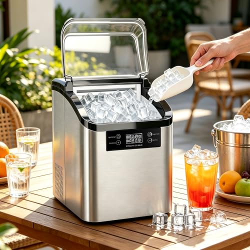 Ice Maker Portátil Inox 20kg/dia, Autolimpeza c/Pá e Cesto Casa Bar 127V