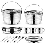 Odoland 22pcs Camping Cookware Mess Kit, Large Size Hanging Pot Pan Kettle with Base Cook Set for 4, Cups Dishes Forks Spoons Kit for Outdoor Camping Hiking and Picnic