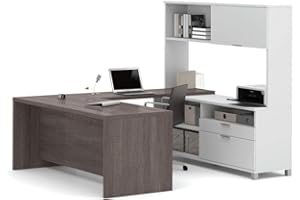 Bestar Pro-Linea U-Desk with Hutch, White/Bark Grey