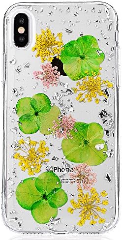 iPhone 10 Bling Silicone Case, iPhone X Rear Flowers Clear Cover, PLECUPE Ultra Thin Glitter Shiny Gold Foil Floral Flexible TPU Rubber Gel Transparent Case Skin for iPhone X, Flower#7
