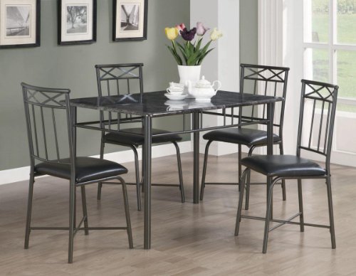 5pc Dining Table and Chairs Set with Faux Marble Top in Black Finish