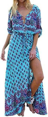 MORYSONG Bohemian Maxi Dress Button up Split Floral Print Flowy Beach Gown (XXXL, Turquoise)