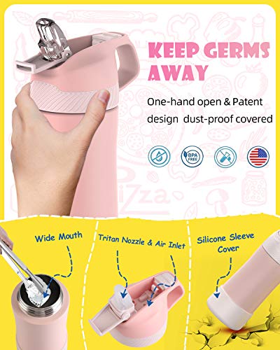 FEIJIAN FJbottle Kids Insulated Stainless Steel Water Bottle with Straw Lid, 14 oz, New Anti-Colic with AirFree Vent Technology Patent Design Care for Kids, BPA Free, Blush Pink