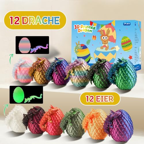 JOMBY 12 Pieces 3D Printed Dragon Eggs, Mini Dragon Egg Set, Movable Crystal Dragon, Easter Eggs, Easter Gifts Kids - Suitable as Toys from 5/6/7/8/9 Years Boys Girls